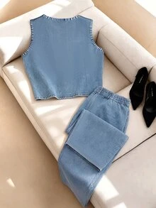SHEIN Franclia 春夏時尚休閒藍色背心與長褲兩件套女裝，藍色上衣，適合工作穿搭、休閒套裝、度假、街頭風、基礎上衣 - 淺藍色 - 查看 2