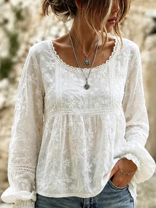 SHEIN Holidaya بلوزة نسائية شفافة مطرزة بأكمام واسعة على الطراز الفرنسي - أبيض - مشاهدة 5