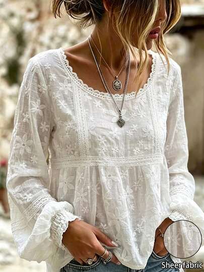 SHEIN Holidaya Women's Embroidered Flare Cuff French Sheer Blouse