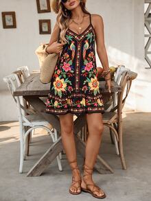 EMERY ROSE Women's Summer Beach Adjustable Strap Bohemian Print Patchwork Asymmetrical Ruffle Design Vacation Cover-Up Dress, Women's Elegant Dress, Women's Easter Dress, Women's Casual Dress, Women's Spaghetti Strap Dress, Women's Floral Dress, Women's Vacation Dress, Women's Country Dress, Women's Holiday Dress, Women's Pink Dress, Summer Beach Outfit, Party Outfit, Music Festival Outfit, Club, Gathering, Ranch, Street - Black - View 5
