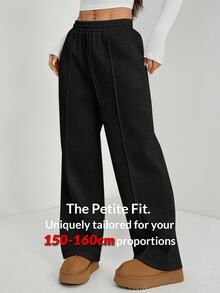 SHEIN PETITE 女款秋季鵝卵石飾邊直筒運動長褲，小碼女款 - 黑色 - 查看 9