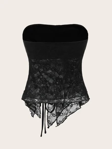 Sweetina Women Lace Contrast Drawstring Asymmetrical Hem Cropped Camisole Top - Black - View 4