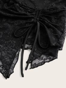 Sweetina Women Lace Contrast Drawstring Asymmetrical Hem Cropped Camisole Top - Black - View 6