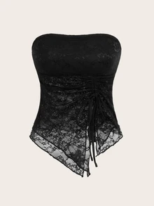 Sweetina Women Lace Contrast Drawstring Asymmetrical Hem Cropped Camisole Top - Black - View 1