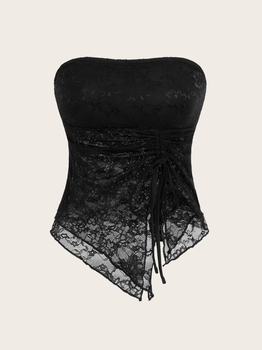 Sweetina Women Lace Contrast Drawstring Asymmetrical Hem Cropped Camisole Top - Black - View 1