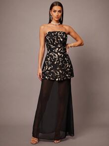 Silquee This Elegant Strapless Top And Skirt Set, Adorned With A Floral Cutout Pattern, Is Perfect For Fall Wear And Also Suitable For The Office. Black Fall - Black - View 5