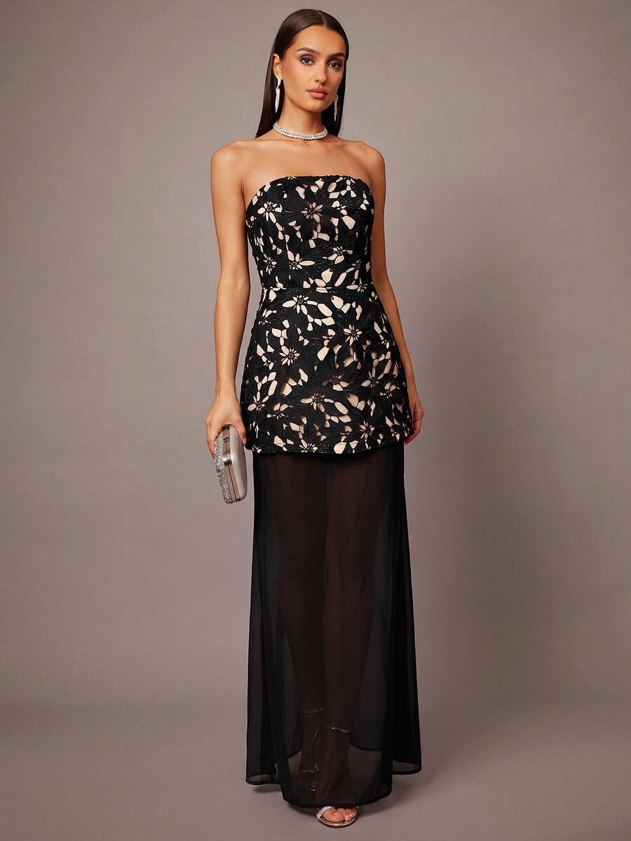 Silquee This Elegant Strapless Top And Skirt Set, Adorned With A Floral Cutout Pattern, Is Perfect For Fall Wear And Also Suitable For The Office. Black Fall - Black - View 1