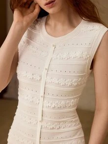 MOTF PREMIUM WOMEN'S FLORAL APPLIQUE SLEEVELESS RUFFLE HEM FITTED SWEATER DRESS - White - View 2