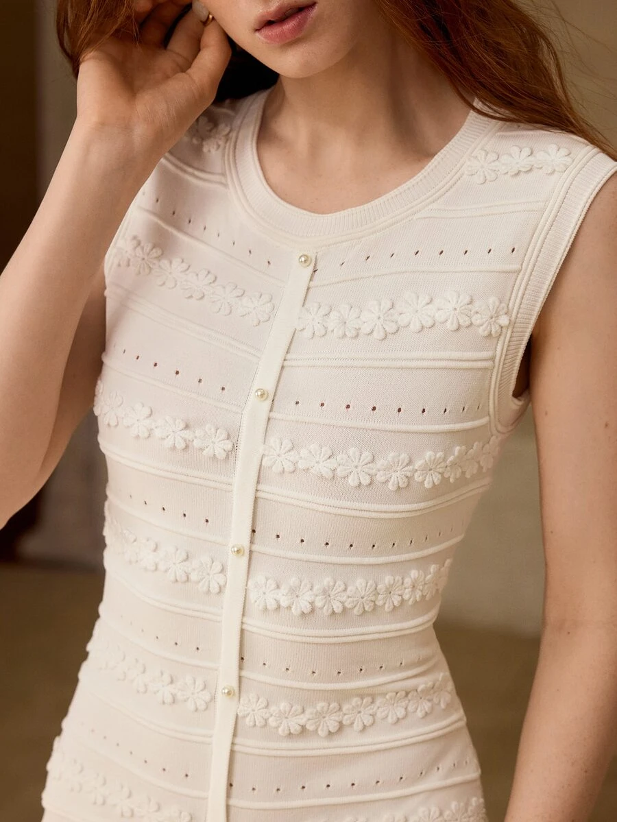MOTF PREMIUM WOMEN'S FLORAL APPLIQUE SLEEVELESS RUFFLE HEM FITTED SWEATER DRESS - White - View 2