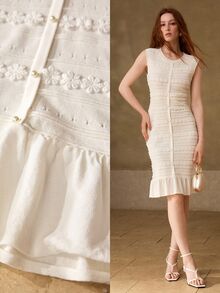 MOTF PREMIUM WOMEN'S FLORAL APPLIQUE SLEEVELESS RUFFLE HEM FITTED SWEATER DRESS - White - View 8