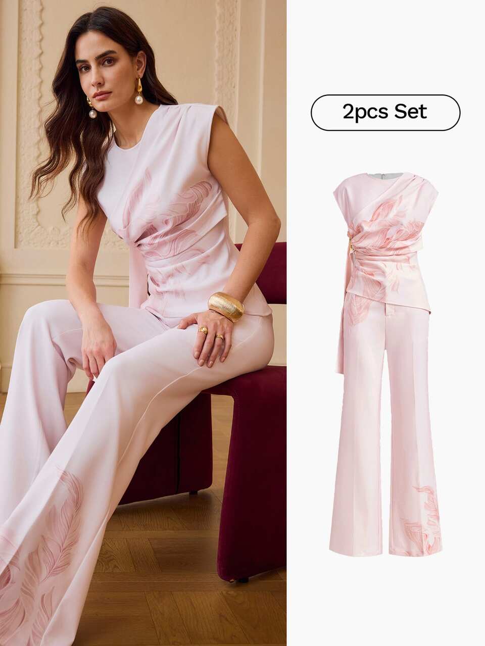 ZEYLAH Metal Buckle Pleated Floral Print Asymmetrical Hem Top And Pants Set