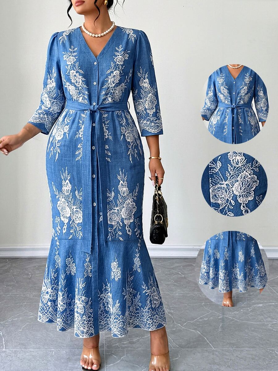 Elenzga 大尺碼女款丹寧藍全印花定位魚尾長裙,法式優雅V領七分袖魚尾長洋裝 - 淺藍色 - 查看 1