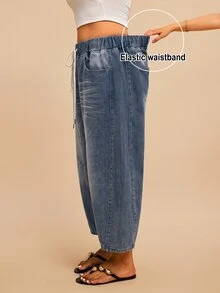 Comfortcana Plus Size Women's Drawstring Waist Pocket Tapered Casual Denim Jeans - Medium Wash - View 4