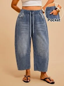 Comfortcana Plus Size Women's Drawstring Waist Pocket Tapered Casual Denim Jeans - Medium Wash - View 1