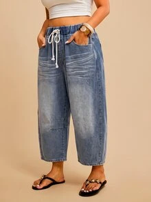 Comfortcana Plus Size Women's Drawstring Waist Pocket Tapered Casual Denim Jeans - Medium Wash - View 5