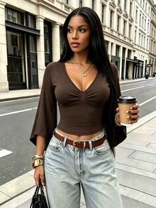 Rovax Regular Fit V-Neck Long Sleeve Top - Brown - View 4