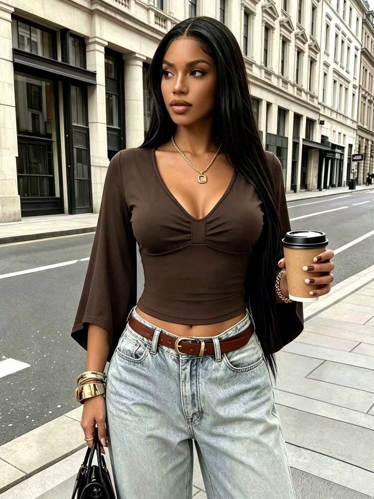 Dekonique Dekonique Regular Fit V-Neck Long Sleeve Top - Brown - View 4