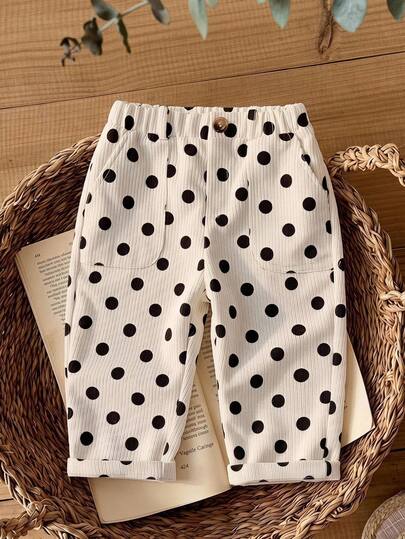 SHEIN Kids Baby Girl Corduroy Polka Dot Ribbon Casual Long Pants, Comfortable Versatile Fashion Daily Cute Pattern Minimalist All-Match Style, Suitable For Indoor, Outdoor, Daily, Sports, Play, Party, Photo, Holiday, Christmas