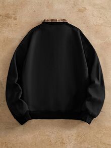 Manfinity RebelGame Men's Knitted Casual Loose Fit Thermal Lined Long Sleeve Sweatshirt, Suitable For Autumn/Winter, Streetwear, Fleece, Oversized Pullover, Patchwork Casual Sweatshirt - Black - View 2