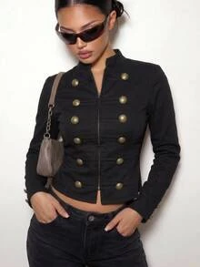 SHEIN ICON Jaket Lengan Panjang Slim Fit Napoleon Wanita Musim Gugur/Dingin - Hitam - View 3