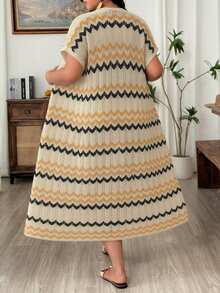 Linhara CURVE Plus Size Vacation Casual Striped Short Sleeve Cardigan Fall - Apricot - View 8