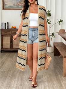 Linhara CURVE Plus Size Vacation Casual Striped Short Sleeve Cardigan Fall - Apricot - View 6