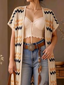 Linhara CURVE Plus Size Vacation Casual Striped Short Sleeve Cardigan Fall - Apricot - View 9