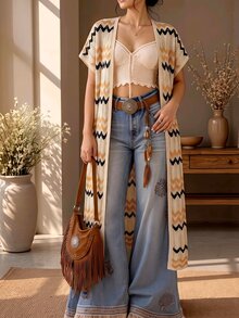 Linhara CURVE Plus Size Vacation Casual Striped Short Sleeve Cardigan Fall - Apricot - View 2