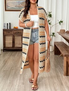 Linhara CURVE Plus Size Vacation Casual Striped Short Sleeve Cardigan Fall - Apricot - View 7