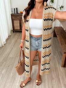Linhara CURVE Plus Size Vacation Casual Striped Short Sleeve Cardigan Fall - Apricot - View 4