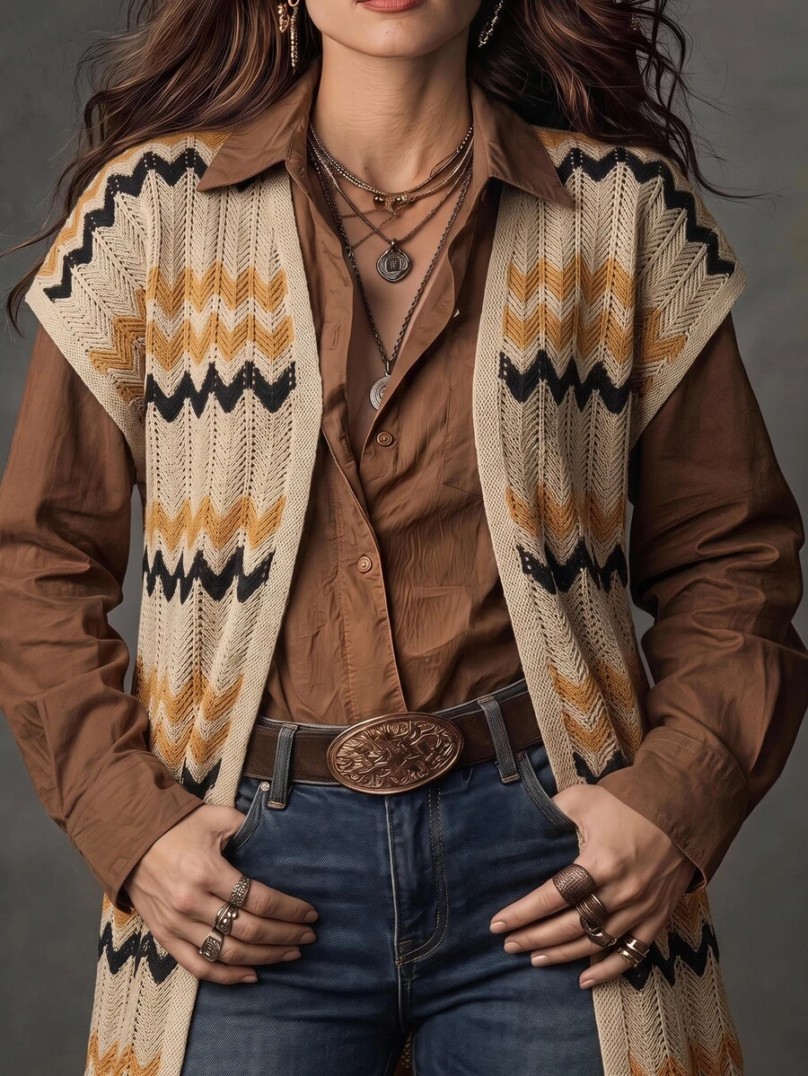 Linhara CURVE Plus Size Vacation Casual Striped Short Sleeve Cardigan Fall - Apricot - View 1