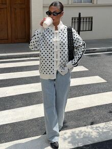Muchica 女款長袖休閒復古黑白波點青蛙鈕扣前開針織開襟衫，保暖加厚扣飾，適合秋冬日常穿著 - 黑與白 - 查看 5