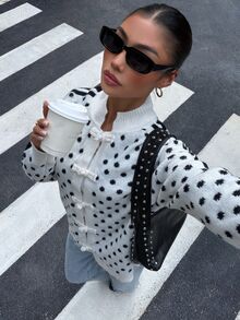 Muchica 女款長袖休閒復古黑白波點青蛙鈕扣前開針織開襟衫，保暖加厚扣飾，適合秋冬日常穿著 - 黑與白 - 查看 6