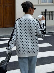 Muchica 女款長袖休閒復古黑白波點青蛙鈕扣前開針織開襟衫，保暖加厚扣飾，適合秋冬日常穿著 - 黑與白 - 查看 2