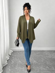 SHEIN PETITE CURVE 大尺碼女款優雅休閒不對稱下擺開襟外套 秋季 - 橄欖綠 - 查看 7