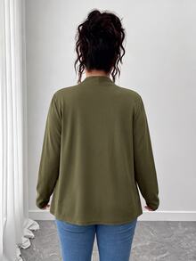 SHEIN PETITE CURVE 大尺碼女款優雅休閒不對稱下擺開襟外套 秋季 - 橄欖綠 - 查看 4