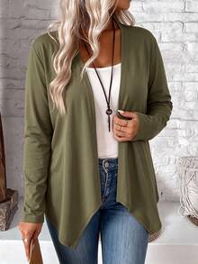 SHEIN PETITE CURVE 大尺碼女款優雅休閒不對稱下擺開襟外套 秋季 - 橄欖綠 - 查看 8