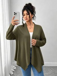 SHEIN PETITE CURVE 大尺碼女款優雅休閒不對稱下擺開襟外套 秋季 - 橄欖綠 - 查看 5