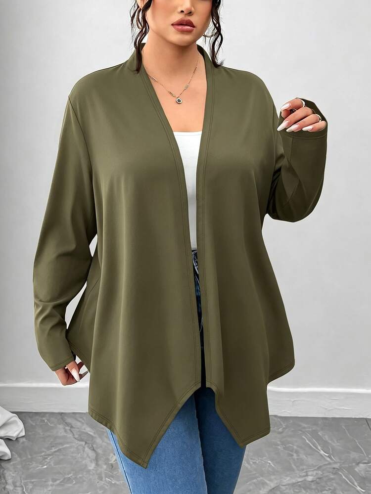 SHEIN PETITE CURVE Plus Size Women's Elegant Casual Asymmetrical Hem Cardigan Jacket Fall - Olive Green - View 9