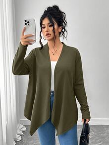 SHEIN PETITE CURVE 大尺碼女款優雅休閒不對稱下擺開襟外套 秋季 - 橄欖綠 - 查看 3