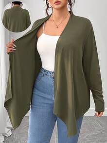 SHEIN PETITE CURVE 大尺碼女款優雅休閒不對稱下擺開襟外套 秋季 - 橄欖綠 - 查看 1