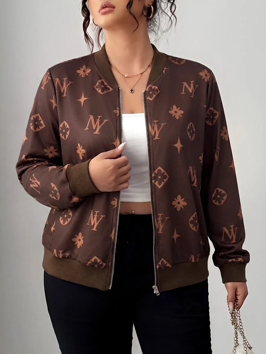 Elenzga Plus Size Jackets Family Vacation Office Brown Autumn Casual - Brown - View 1