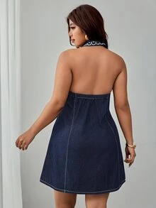 Elenzga Plus Size Washed Embroidered Single-Breasted Halter Neck Denim Dress - Dark Wash - View 2