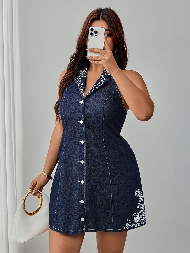 Elenzga Plus Size Washed Embroidered Single-Breasted Halter Neck Denim Dress - Dark Wash - View 5