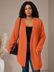 BrightlyHer Plus Size Versatile Casual Long Sleeve Knit Cardigan For Vacation - Burnt Orange - View 1