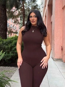 SHEIN BAE CURVE Plus Size Women's Brown Sleeveless Fitted Jumpsuit - Brown - View 9