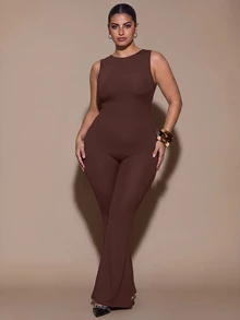 SHEIN BAE CURVE Plus Size Women's Brown Sleeveless Fitted Jumpsuit - Brown - View 1
