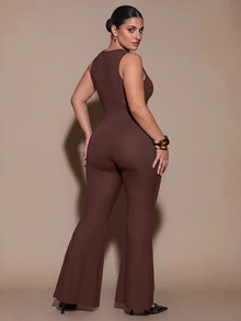 SHEIN BAE CURVE Plus Size Women's Brown Sleeveless Fitted Jumpsuit - Brown - View 7
