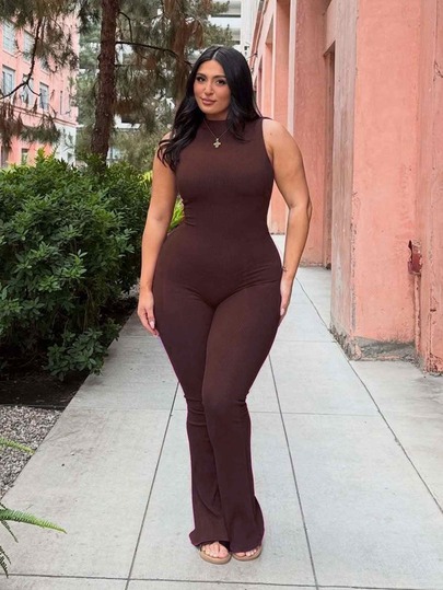 SHEIN BAE CURVE Plus Size Women's Brown Sleeveless Fitted Jumpsuit