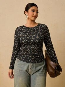 Freevana 大尺碼女款黑色長袖圓領保暖底層束腰 T 恤 - 黑色 - 查看 3
